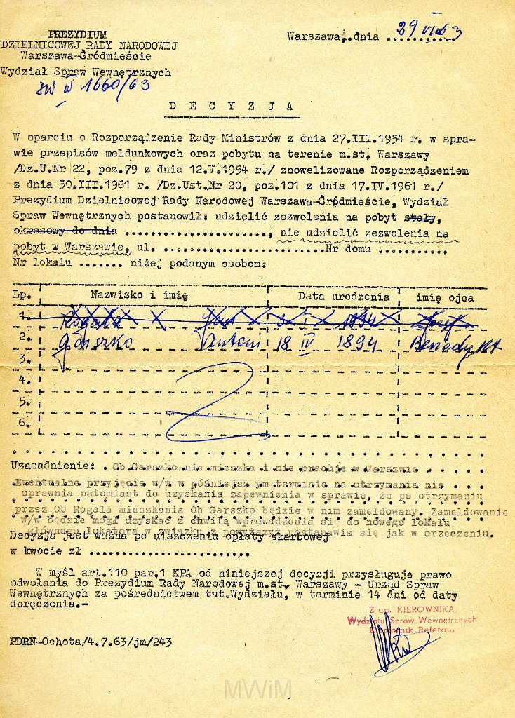 KKE 5692.jpg - Dok. Odmowana decyzja Pezydium Rady Narodowej dla Antoniego Graszko w sprawie meldunku w Warszawie, Warszawa, 29 VII 1963 r.